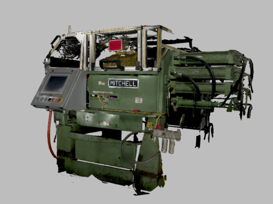 An industrial machine captured as a full colour mesh, paint, decals and wear intact